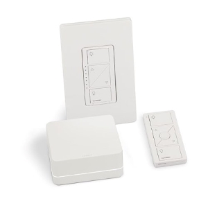 Lutron P-BDGPRO-PKG1W Caseta Wireless Dimmer Pro Kit with Smart Bridge, 4-Pack