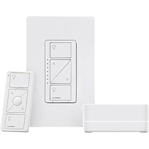 Lutron P-BDGPRO-PKG1W-C 4-Pack Caseta Smart Bridge PRO Starter Kit with In-Wall Dimmer, (1) L-BDGPRO2-WH, (1) PD-6WCL-WH, (1) PJ2-3BRL-WH-L01R (1) CW-1-WH/ Claro Wall-Plate